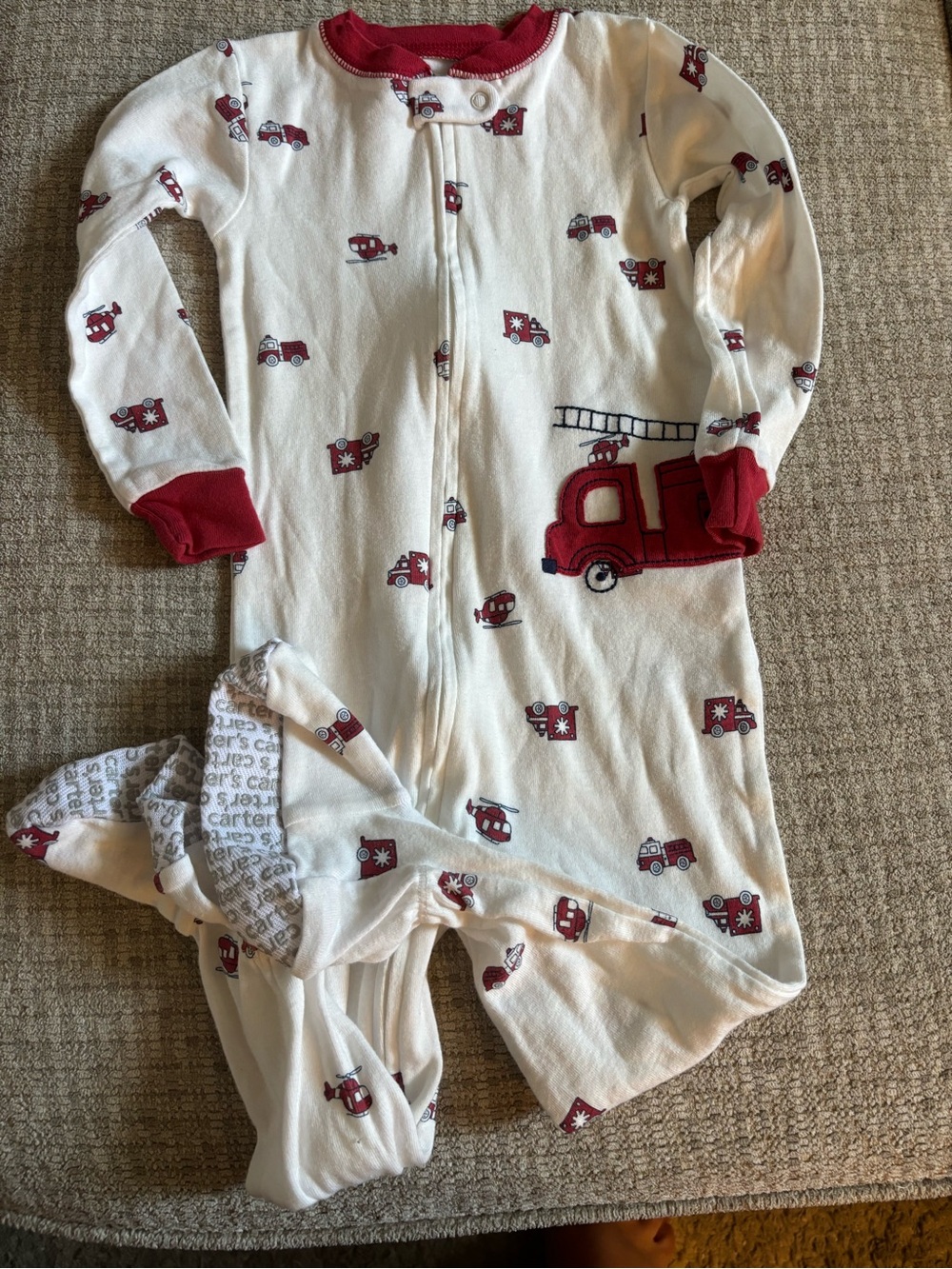 Carter's Cream Pajama Sleeper with Red Firetruck Accents